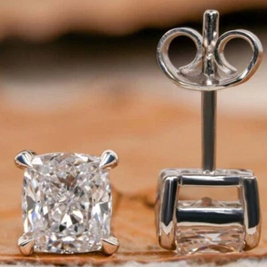 IGI Certified 6mm Cushion Cut Lab Grown Diamond Stud in Solid 14K White Gold - Picture 1 of 9