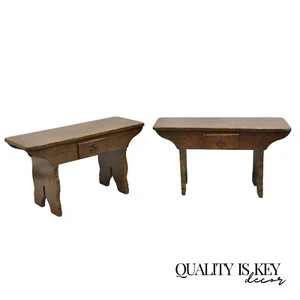 Antique French Country Farmhouse Pine Wood Low Side Table Bench w/ Drawer - Pair - Picture 1 of 12