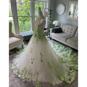 A-Line Halter Neck Bow Applique Wedding Dresses Floral Floor-Length Bridal Gowns - Picture 1 of 10