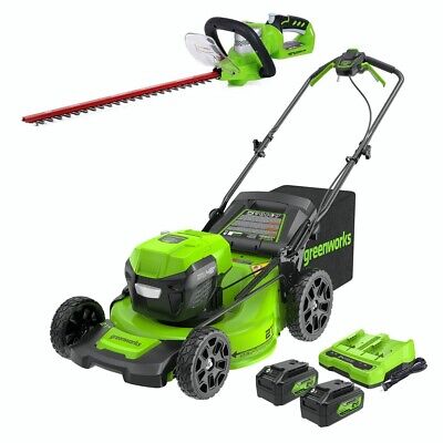 greenworks 48V (2x24V) 21"  Self-Propelled Lawn Mower and 24V 22" Hedge Trimmer>