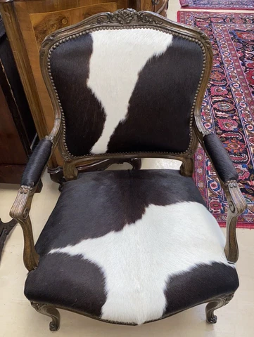 Vintage French Louis XV Style Cow Black & White Hide Arm Chair BH8 Cover
