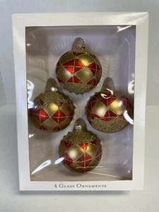 Christmas Ornaments 4 Balls Red Gold Glitter Target Vtg 2002 Glass - Picture 1 of 3