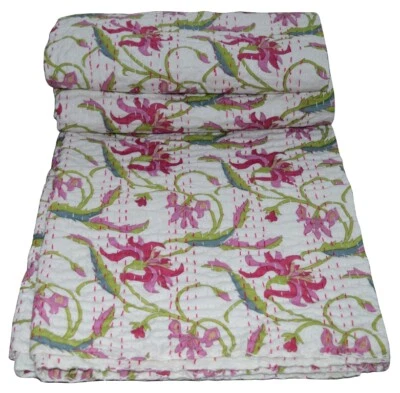 Indian Handmade Kantha Quilt Throw Bedspread Floral Print Cotton Single Bedding  - Image 1 of 4