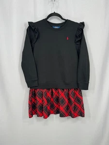 Polo Ralph Lauren Dress Girls XL 16 Black Red Plaid Long Sleeve Ruffle Holiday - Picture 1 of 13