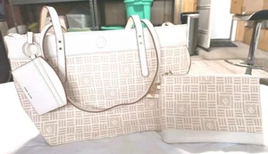 Anne Klein 3 Piece Ivory Lion Logo Faux Leather Shoulder Bag Wallet & Card Case - Picture 1 of 23