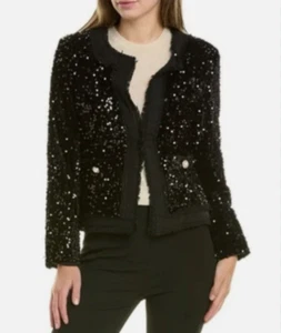 Nanette Lepore Women's M Black Tweed Sequined Jacket Pearl Buttons Party Blazer - Picture 1 of 6