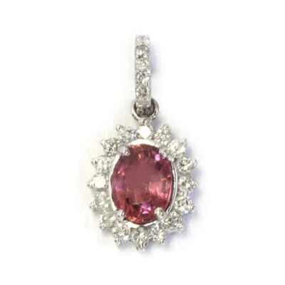 1.7 ctw Natural Pink Tourmaline Diamond Solid 14k White Gold Oval Halo Pendant - Image 1 of 4