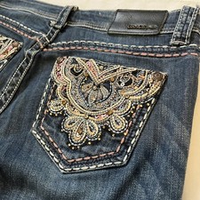 Sz 27 Grace in LA Low Rise Bootcut Blue Denim Jeans Embroidered Studded Pockets