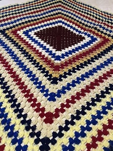 55”x55” Granny Square Afghan Blanket Throw Yellow Blue Red Retro Boho Crochet - Picture 1 of 7
