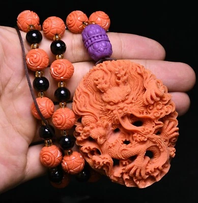 Colgante Amuleto Animal Bestia Larga Dragón Tallado Coral Dinastía China Antigua 37CM Foto 1 de 4
