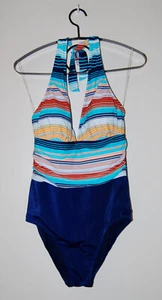 NWT Jantzen Women's Blue Multicolored Striped 1-Pc Halter V-Neck Swimsuit sz 8 - Picture 1 of 11