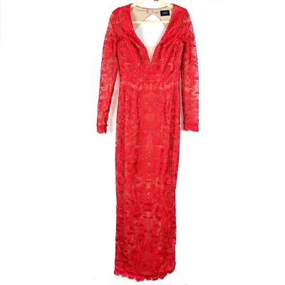 Vestido de Encaje Marchesa Rojo Floral Manga Larga Corte Espalda Cuello en V Talla 6 Foto 1 de 4