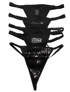 Victoria Secret V String Thongs Womens Small 5 Pairs Cotton Black Bling - Picture 1 of 3