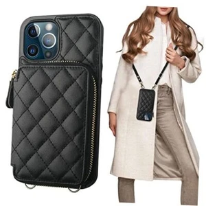 Crossbody Wallet Case for iPhone 12 Pro Max, RFID Blocking PU Leather Black - Picture 1 of 7