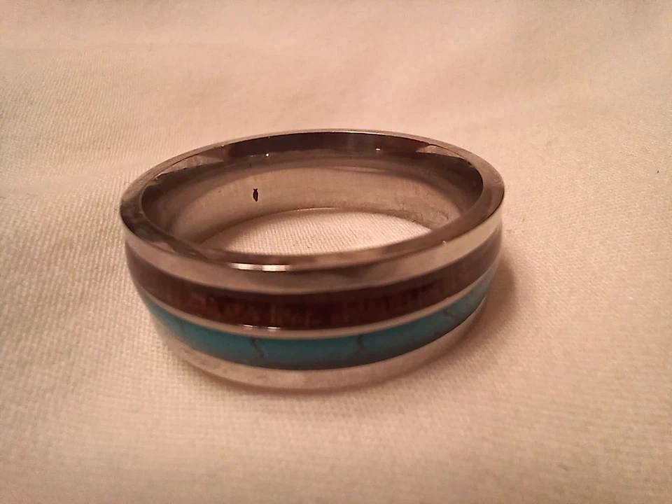 Anillo unisex de resina turquesa azul con incrustaciones de madera con banda de propuesta de tungsteno plateado de 8 mm Foto 1 de 1