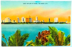 Postal del horizonte de Miami Florida de colección lino ciudad palmera edificio viaje - Imagen 1 de 2