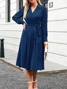 GRACE KARIN Women's Long Sleeve Pleated Dress V Neck Belted Size S Blue NEW - Picture 1 of 4