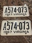 1967 Virginia License Plates Matched Pair #A574-073 VA. Very Nice Pair