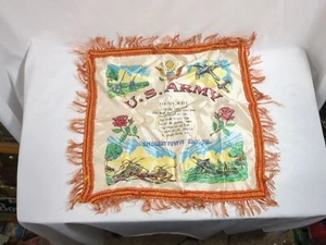 Vintage US ARMY  Silk Pillow Case 18in Fringed  Wife Indiantown Gap, Pa WW2? - Picture 1 of 12