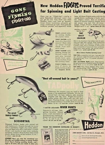 Señuelos de pesca originales vintage Heddon Fidgits Dowagiac Michigan anuncio impreso - Imagen 1 de 1