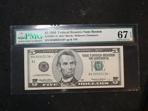 1999 Five Dollar PMG SUPERB GEM UNC 67 EPQ BOSTON DISTRICT STAR NOTE $5 Bill! - Picture 1 of 4