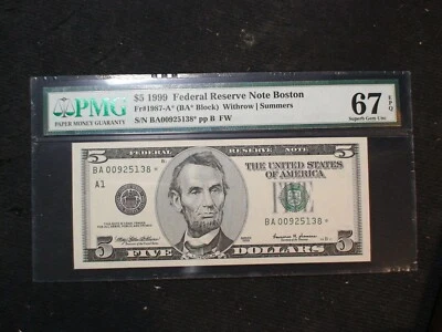 1999 Five Dollar PMG SUPERB GEM UNC 67 EPQ BOSTON DISTRICT STAR NOTE $5 Bill! - Image 1 of 4