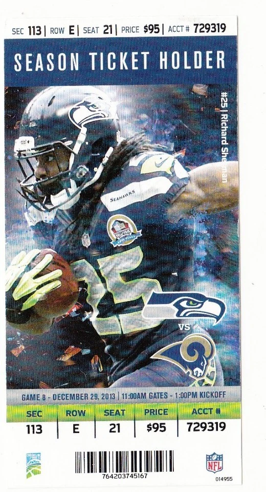 2013 SEATTLE SEAHAWKS VS ST. LOUIS RAMS TICKET STUB 12/29/13 RICHARD SHERMAN - Image 1 of 1