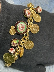 Turkish Enamel Cloisonné Evil Eye Charm Bracelet/Anklet 24K Gold Plated 8” Purpl - Picture 1 of 8