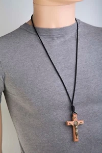 Catholic Religious St Benedict Wooden Crucifix Cross Necklace Men Women 29" Rope - Picture 1 of 7