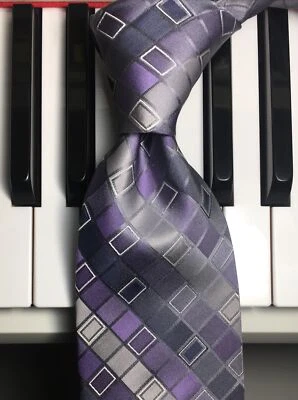 CK - CALVIN KLEIN / Techno-Chic Check Silk Tie in Muted Purples, Silver & Gray - Image 1 of 4