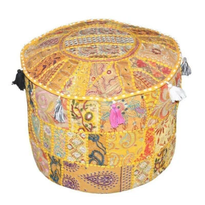 Yellow Patchwork Embroidered Round Indian Pouf Ottoman Foot Stool Moroccan Poufe - Image 1 of 3