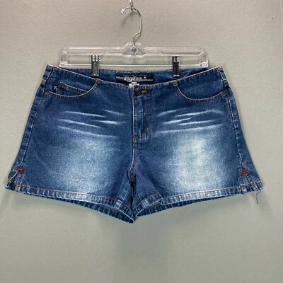 Pantalones Cortos Jean Para Mujer 9 Madison Tiro Bajo Cremallera Mosca Y2K Bigotes 32" Cintura Lavado Oscuro Foto 1 de 4