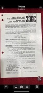 Dibujo conjunto lista de precios piezas vintage Marlin modelo 336C 1974 - Imagen 1 de 3