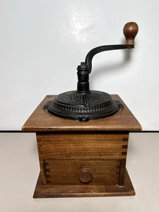 Vintage Coffee Grinder Mill Wood w/Dovetailed Corners Cast Iron Handle Works - Picture 1 of 11