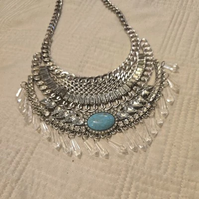 Collar llamativo étnico suroeste cortinas tono plata imitación turquesa babero 20" Foto 1 de 3