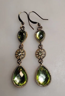 Pendientes colgantes/gotas tono dorado piedra sintética verde 2 1/4" nuevos con etiquetas Foto 1 de 2