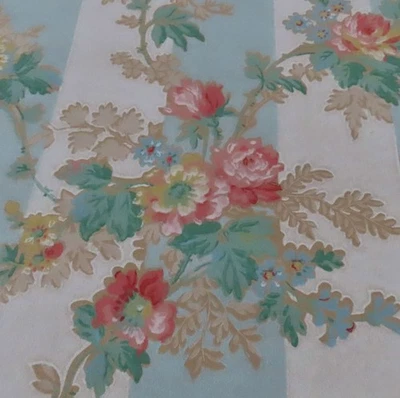 PAPEL PINTADO VINTAGE c1940s ROSAS + Flores RAYAS Azul + Fondo Crema 2+ Yardas Foto 1 de 4