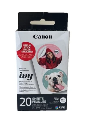 Canon Ivy Zink Pre-Cut Circle Sticker Photo Paper 20 Sheets 1.3” Cliq+/Cliq+2 - Image 1 of 4