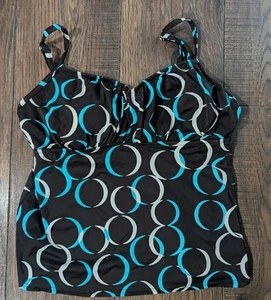 Jamaica Bay Black Teal & White Circle Tankini Size 16 Tall Ruche Gathered Bodice - Picture 1 of 12