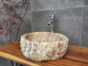 Tan White and Brown Round Onyx Bathroom Vessel Sink, 15 inch Neutral Tan Sink - Picture 1 of 11
