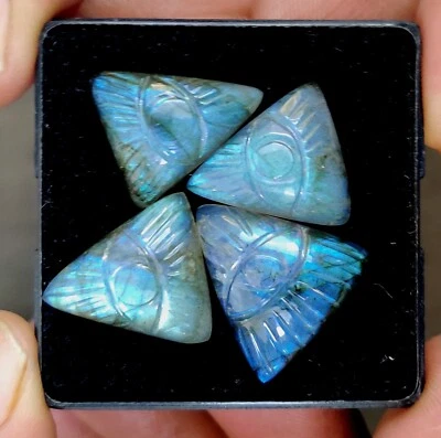 Natural Blue Fire Labradorite Evil Eye Carving Trillion Shape 67 Carat Flatback - Image 1 of 4
