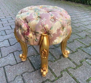 Ottoman Bench French Louis XVI Gilt Wood Rose Damask Vintage Footstool - Picture 1 of 8