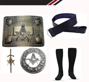 Freimaurer Design schwarz Leder 5 Stck. Kilt Gürtel Set Schnalle, Brosche, Anstecknadel & Socken - Bild 1 von 7