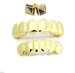 14K Gold Plated Teeth Grillz Top & Bottom Cubic-Zirconia Micro Pave Earring - Picture 1 of 7