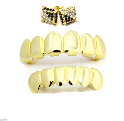 14K Gold Plated Teeth Grillz Top & Bottom Cubic-Zirconia Micro Pave Earring - Image 1 of 4