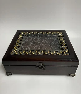 Jewelry Box Solid Dark Stained Wood Top Glass Metal & Yellow Stones VTG - Picture 1 of 12