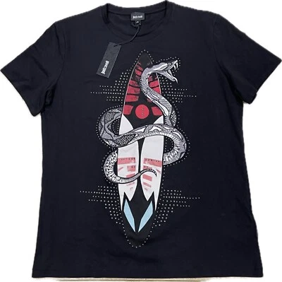 NWT MEN’S JUST CAVALLI SNAKE & SURFBOARD GRAPHIC T-SHIRT CREWNECK XXL SLIM FIT - Image 1 of 4