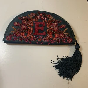 Anthropologie Anna Harlow Russo "E" Monogram Beaded Leather Clutch Pouch H/Green - Picture 1 of 1