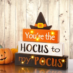 Glitzhome Wooden Block HOCUS LED Lighted Sign Halloween Party Tabletop Ornaments - Imagen 1 de 9