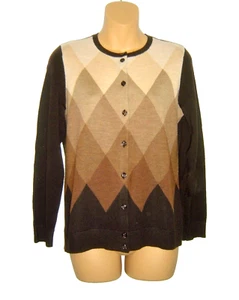 Pendleton Cardigan Merino Wool Brown Tans Argyle Button Front LSlve Petite S New - Picture 1 of 7